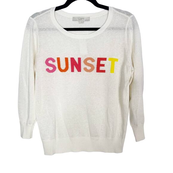 New LOFT Small S Cream Sunset Linen Sweater 3/4 Sleeve Crew Neck Lightweight - Picture 1 of 11
